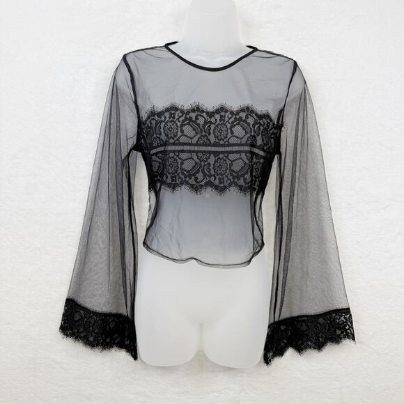 FOREVER 21 Sheer Mesh Cropped Top Flare Sleeve Whimsigoth Witchy 90s Black Sz S - Picture 1 of 5